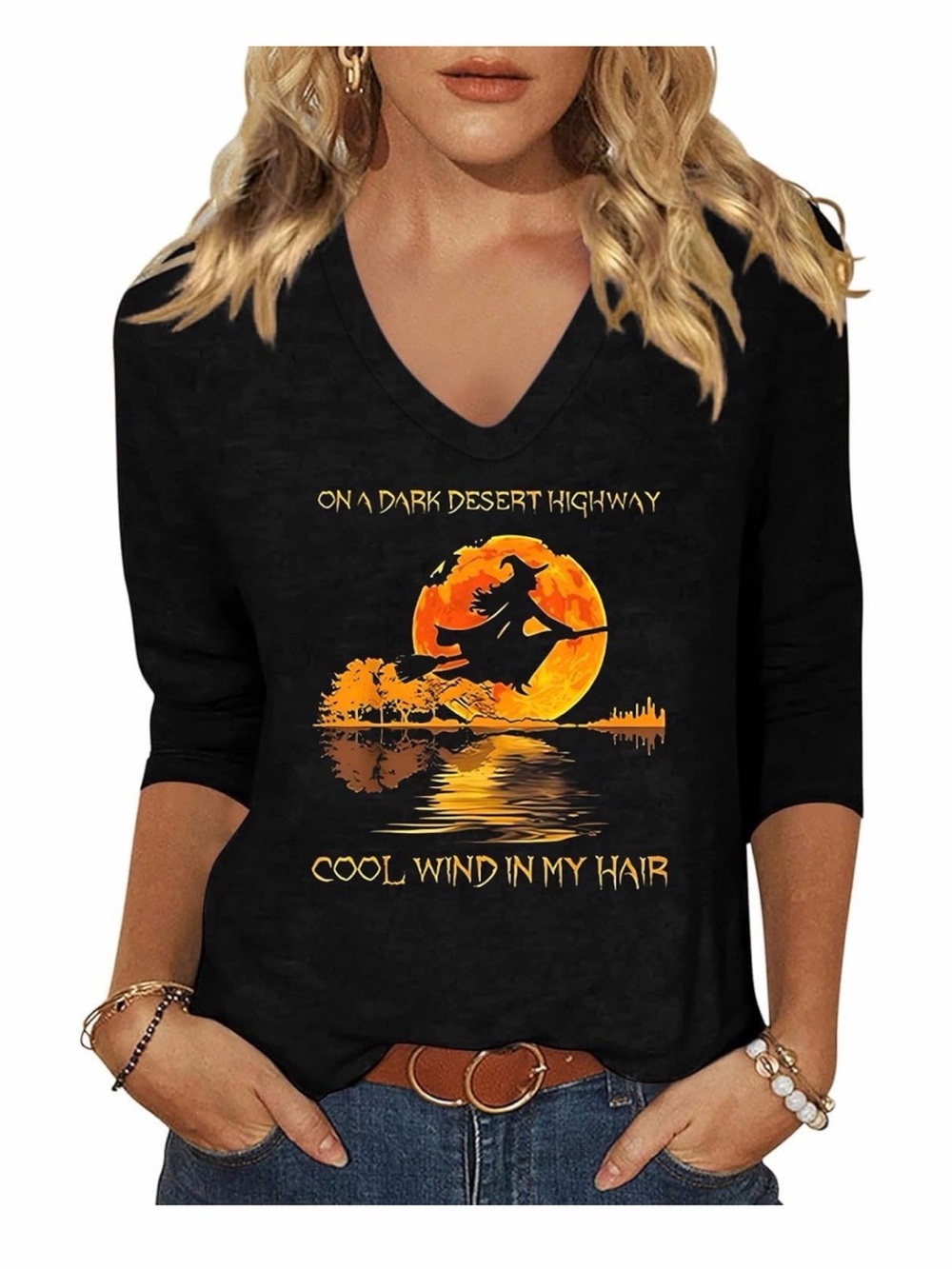 Womens On A Dark Desert Highway Black V Neck Shirt Top Long Sleeve 2XL Halloween